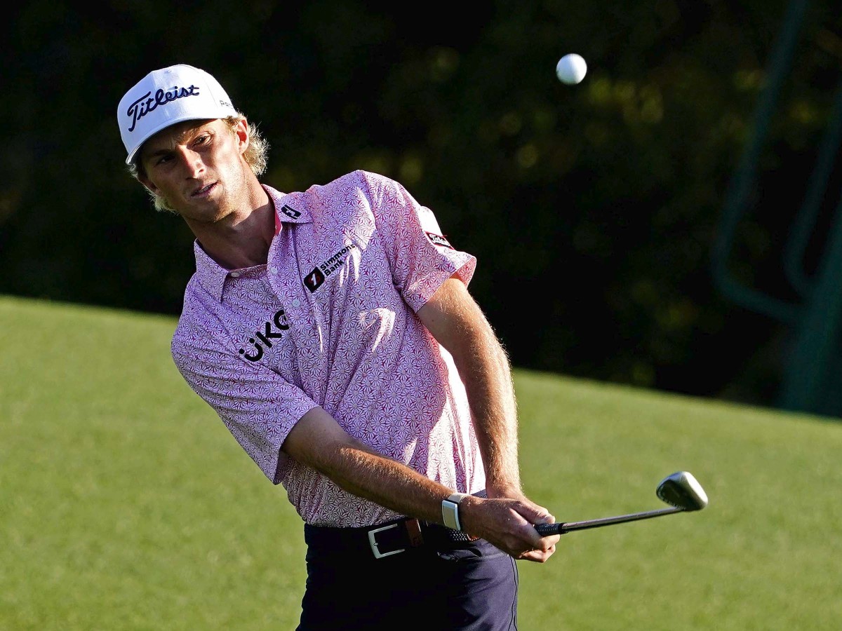 Will Zalatoris chips on the 18th hole during the final round of The Masters golf tournament.